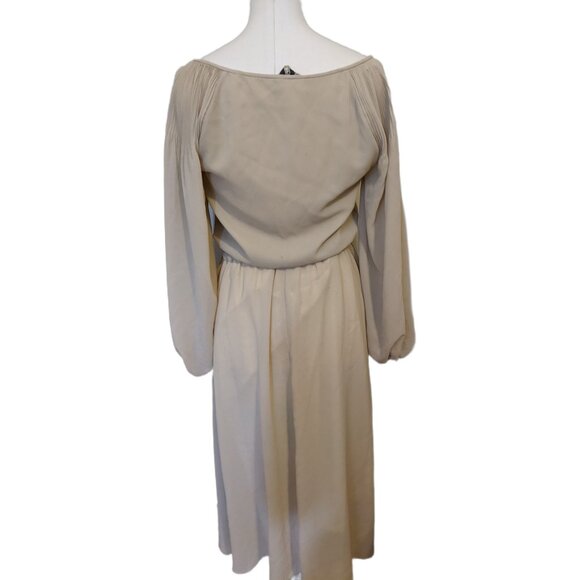 Vintage 70s Tan Maxi Dress Long Sleeve Drawstring Boho Prairie Peasant Retro L - Picture 7 of 9